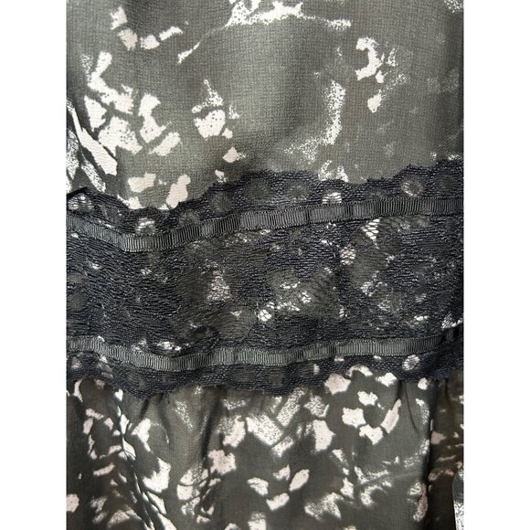DKNY Blouse M Black White Speckled Lace Trim Long Sleeves Ruffle Neck Ties Sheer - Picture 13 of 16
